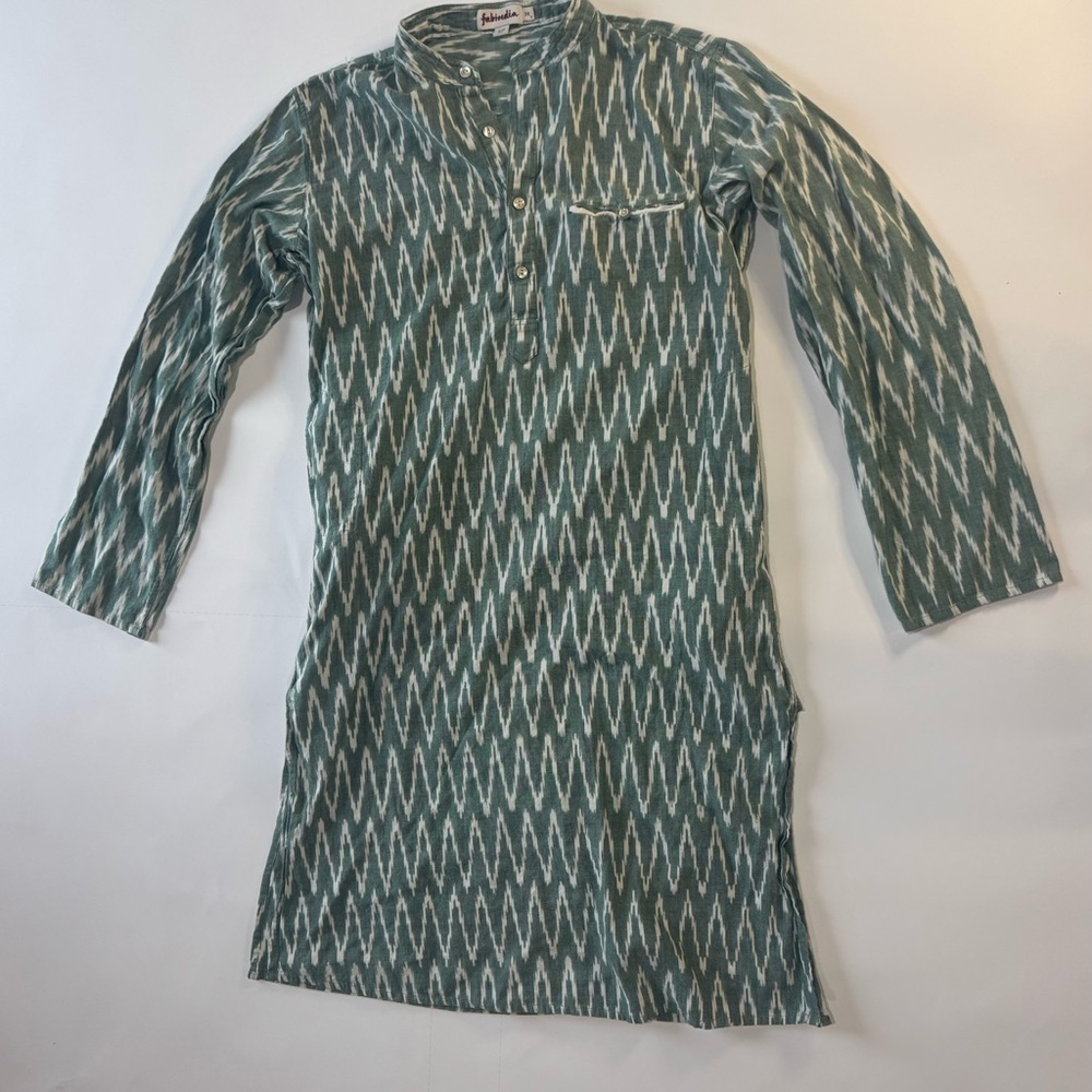 Fabindia Ikat Tunic Kurta Green White Slim Fit Size‎ 38 Boho India Cotton